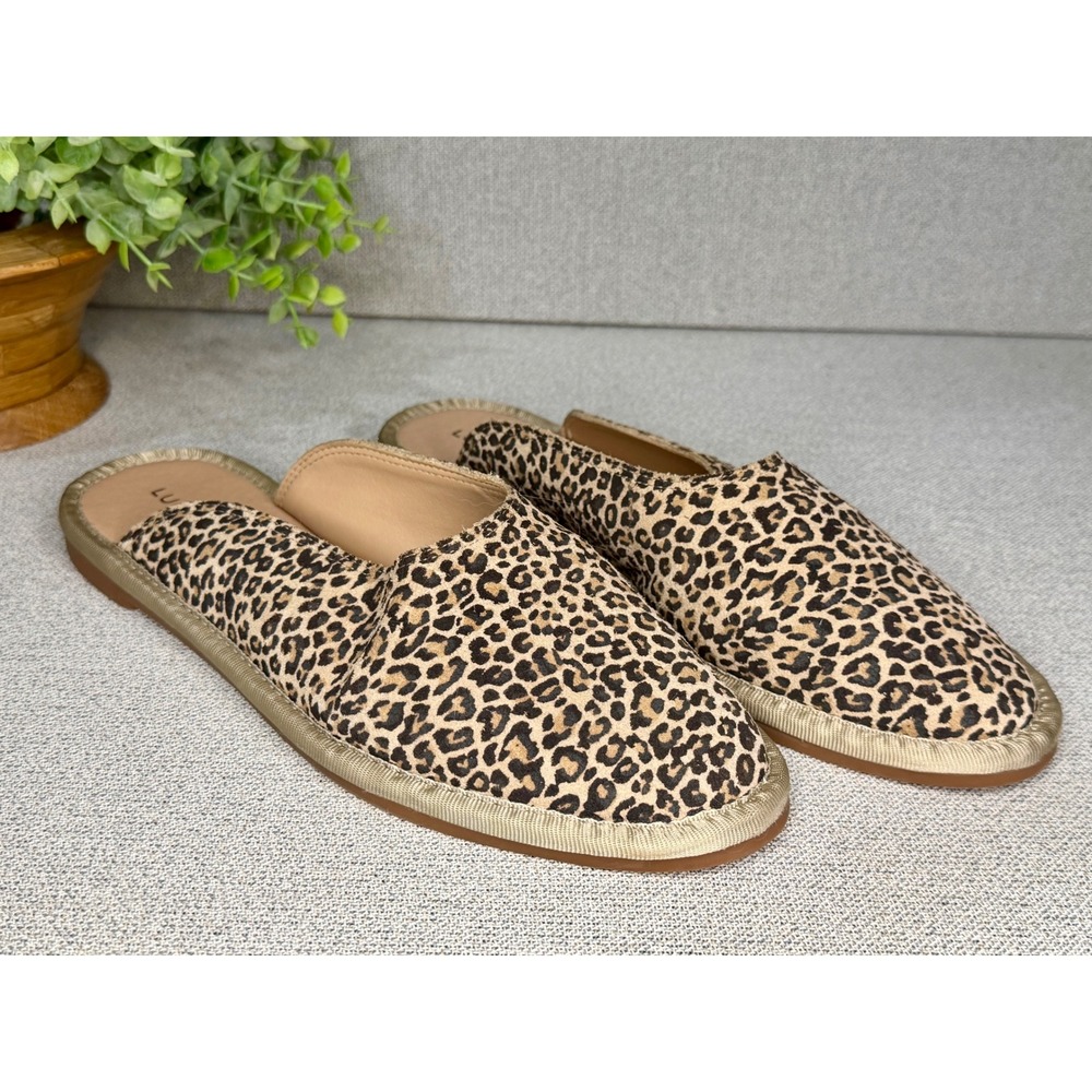 Lucky Brand Arvy Leopard Print Leather Mules Slides Tan Black Womens 7.5 M 38